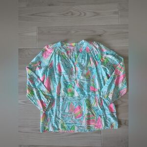 Lilly Pulitzer Elsa Silk Top Medium Multi bright Tunic Blouse Sailboat Nautical